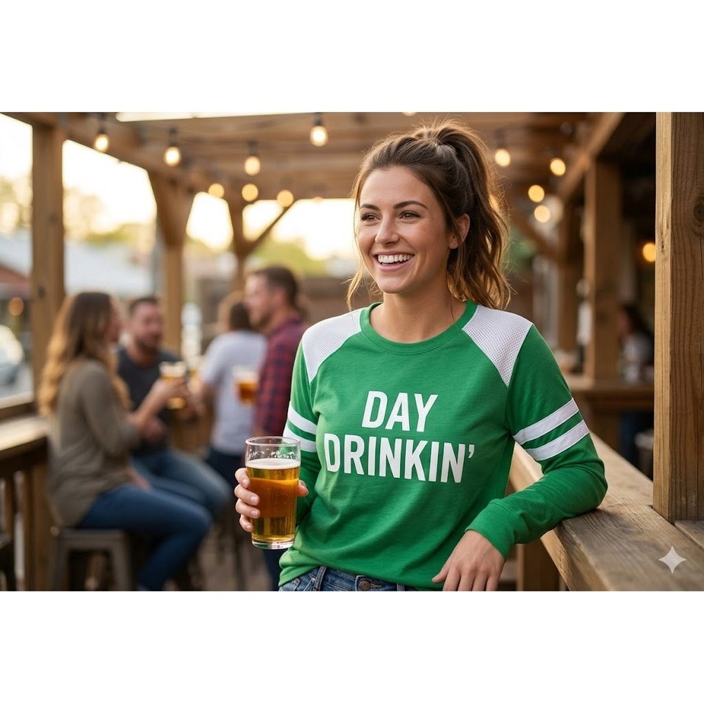 Unbranded‎ Day Drinkin' Graphic Tee Women Medium Green St Patricks Day Raglan